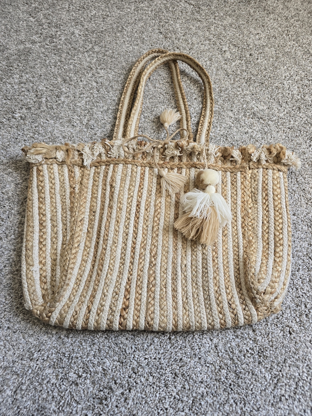 Braided Straw Tote with Tassel Accent in Natural Beige